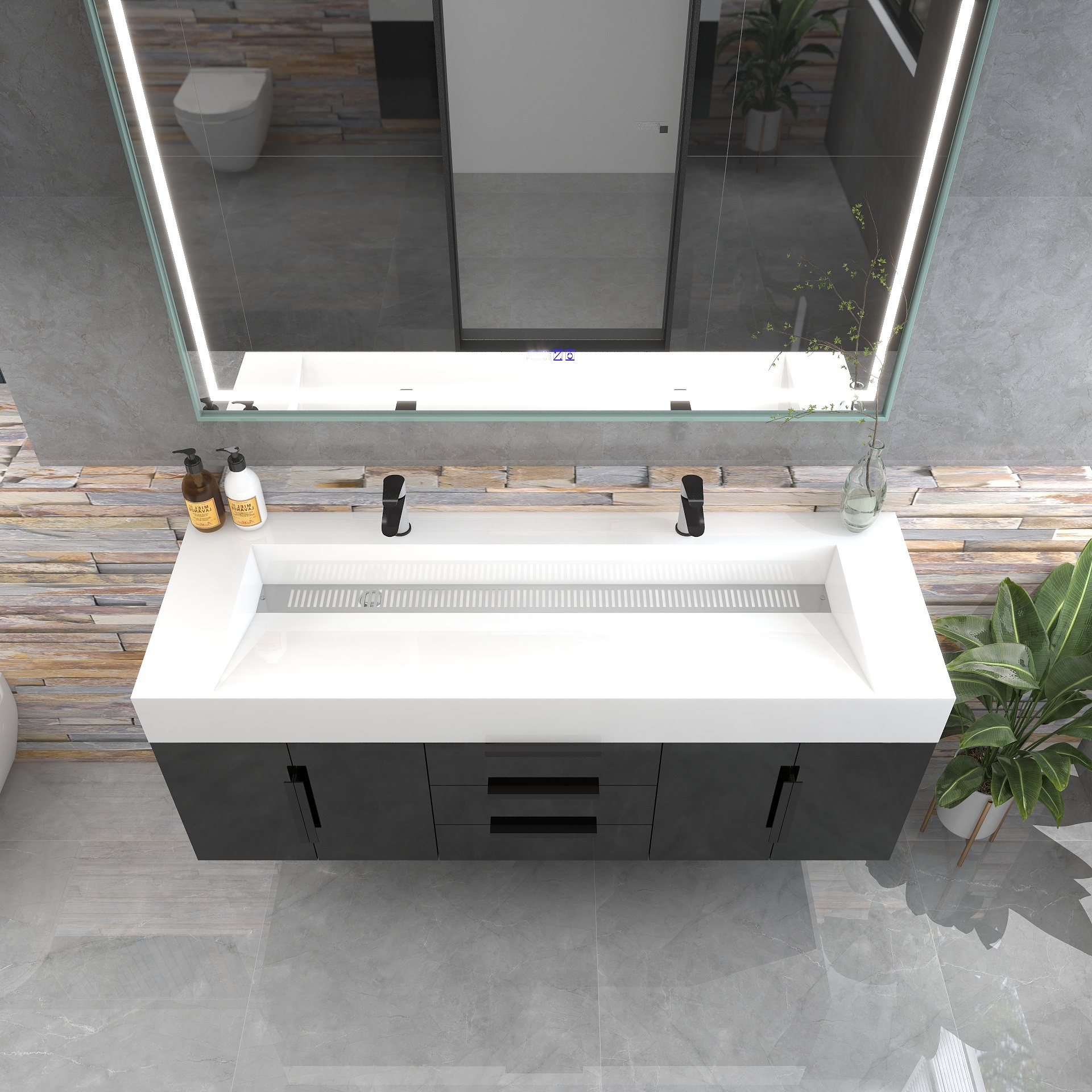 Bethany 60" Wall-Mounted Floating Bathroom Vanity with Reinforced Acrylic Double Sink in Gloss Black with Black Handles | Better Vanity Bath Vanities