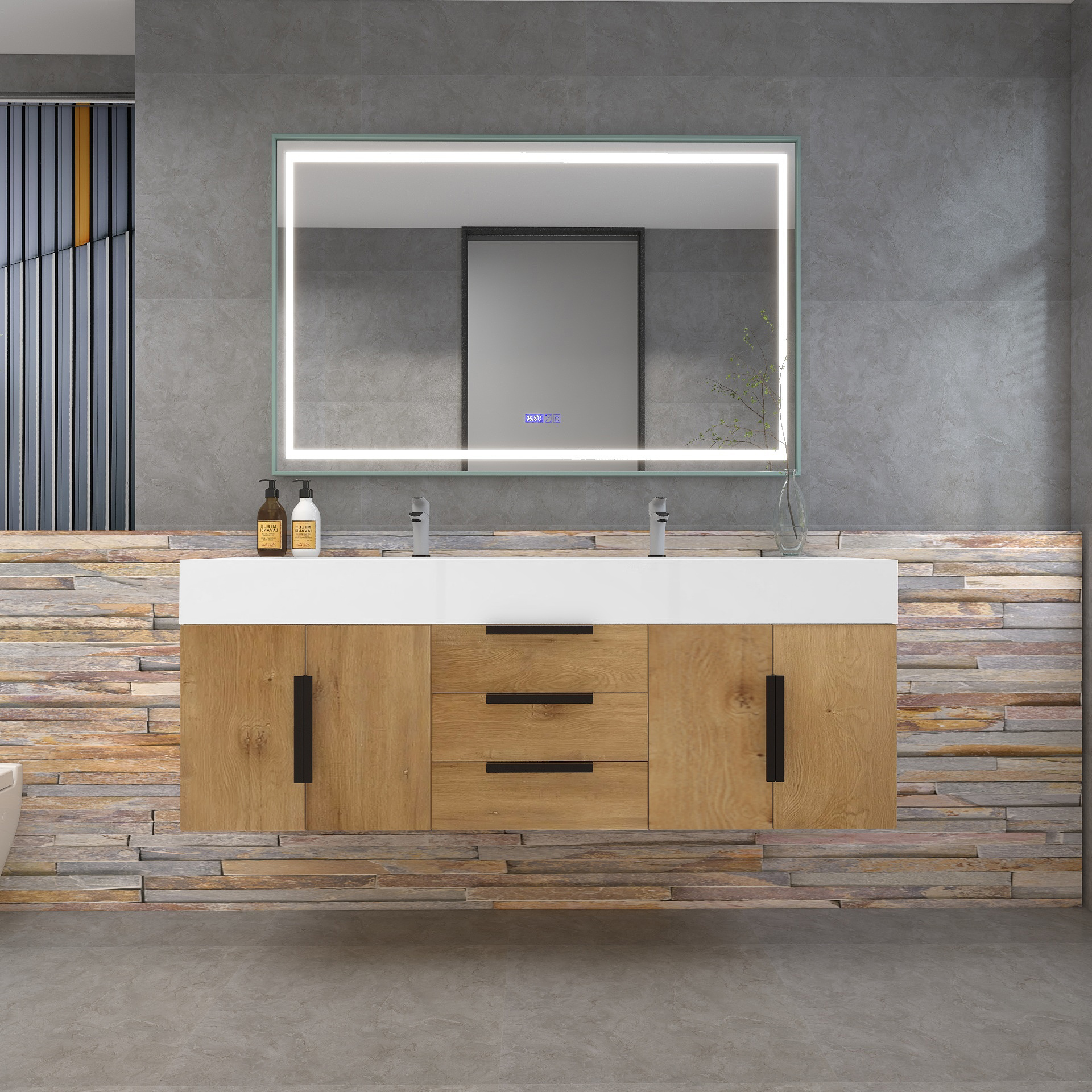 Bethany 60" Wall-Mounted Floating Bathroom Vanity with Reinforced Acrylic Double Sink in Teak Oak with Black Handles | Better Vanity Bath Vanities