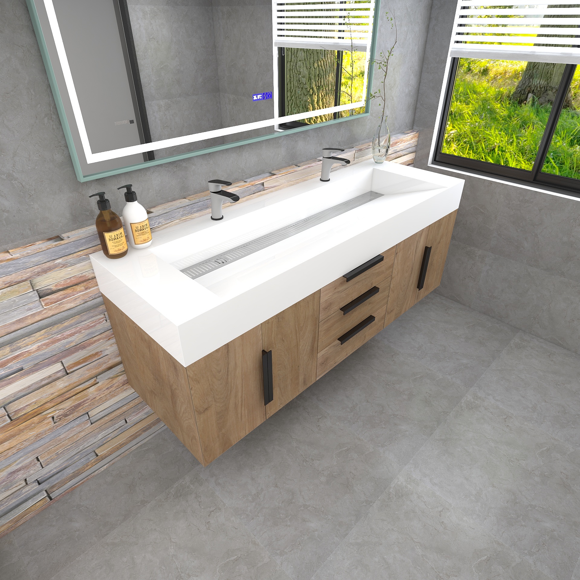 Bethany 60" Wall-Mounted Floating Bathroom Vanity with Reinforced Acrylic Double Sink in White Oak with Black Handles | Better Vanity Bath Vanities