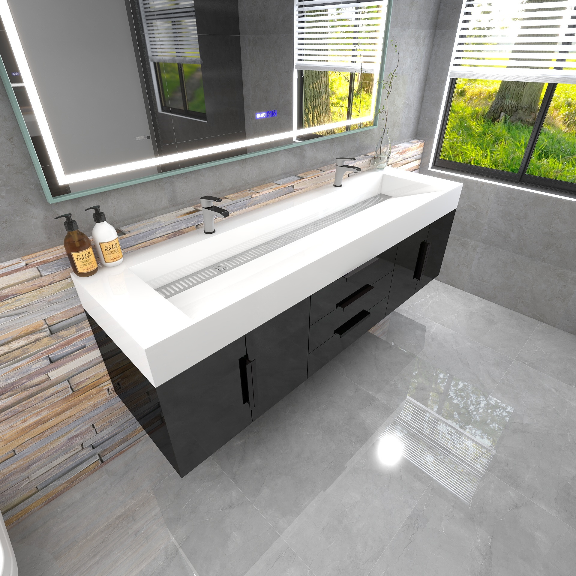 Bethany 72" Wall-Mounted Floating Bathroom Vanity with Reinforced Acrylic Double Sink in Gloss Black with Black Handles | Better Vanity Bath Vanities