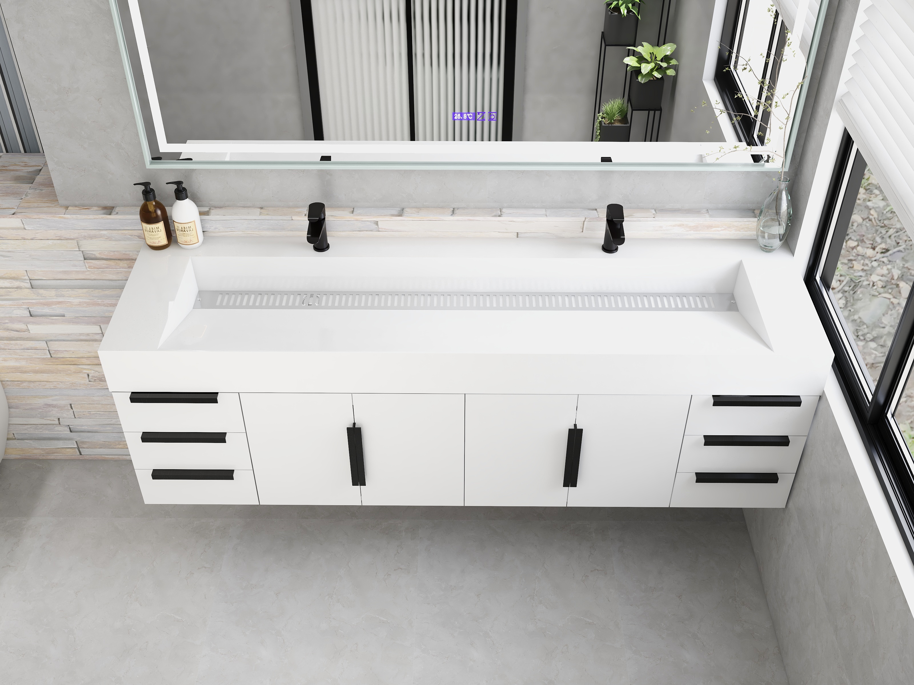 Bethany 72" Wall-Mounted Floating Bathroom Vanity with Reinforced Acrylic Double Sink in Gloss White with Black Handles | Better Vanity Bath Vanities