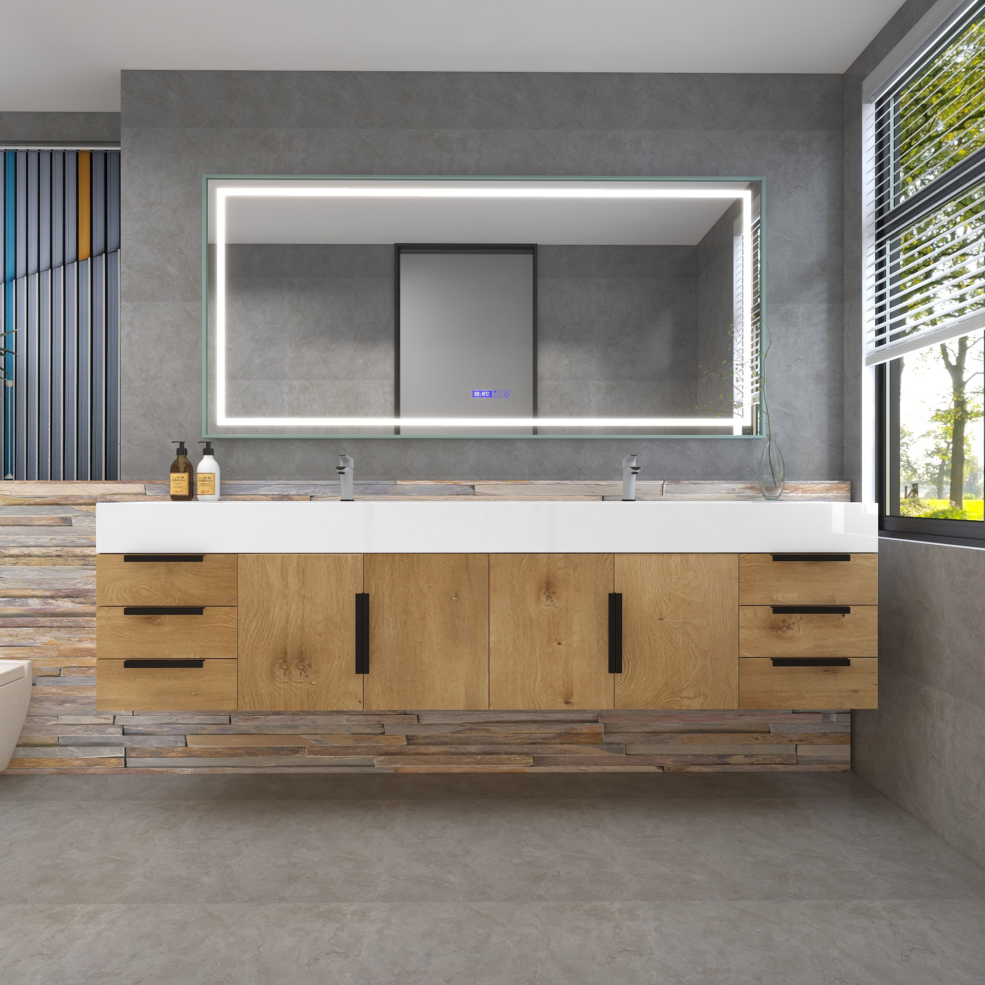 Bethany 84" Wall-Mounted Floating Bathroom Vanity with Reinforced Acrylic Double Sink in Teak Oak with Black Handles | Better Vanity Bath Vanities
