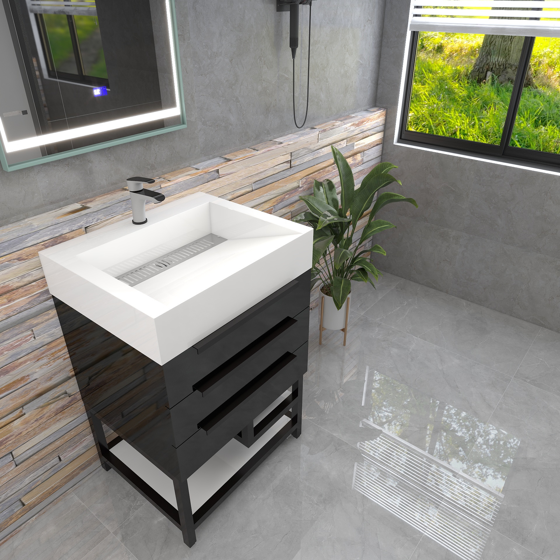 Bethany 24" Freestanding Bathroom Vanity with Reinforced Acrylic Sink in Gloss Black with Black Handles | Better Vanity Bath Vanities