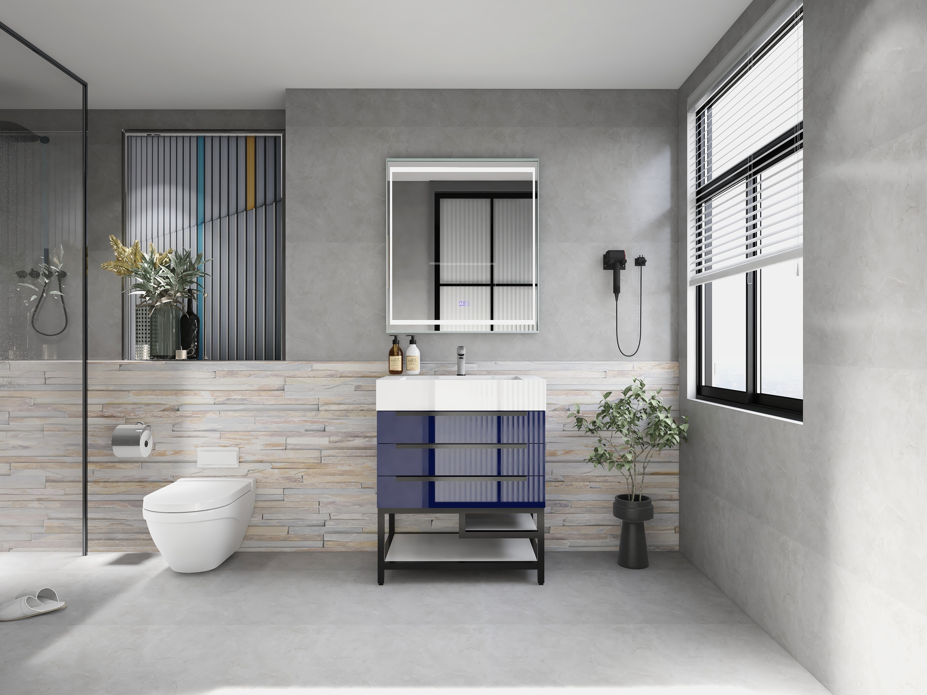 Bethany 30" Freestanding Bathroom Vanity with Reinforced Acrylic Sink in Night Blue Gloss with Black Handles | Better Vanity Bath Vanities