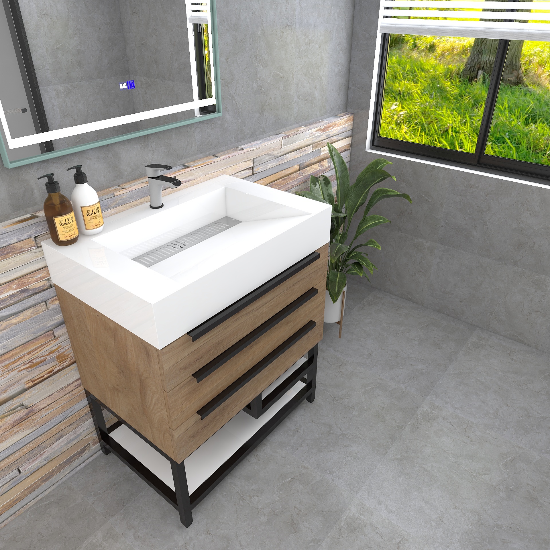 Bethany 30" Freestanding Bathroom Vanity with Reinforced Acrylic Sink in White Oak with Black Handles | Better Vanity Bath Vanities