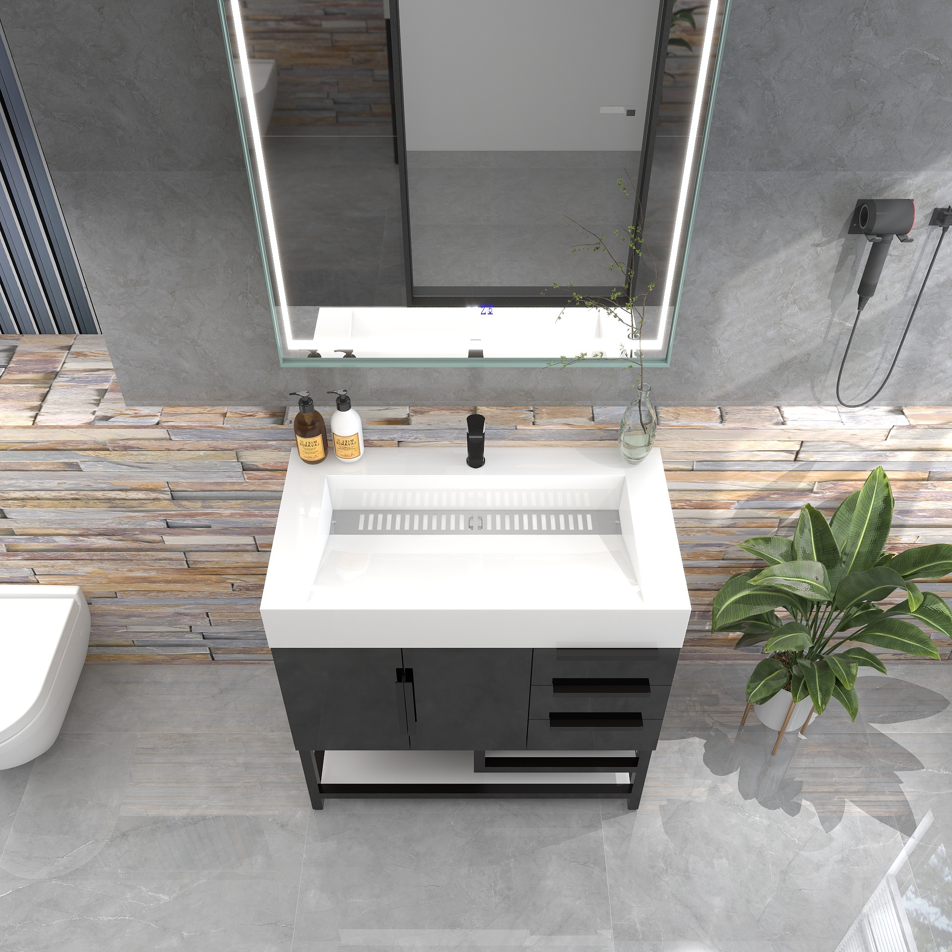 Bethany 36" Freestanding Bathroom Vanity with Reinforced Acrylic Sink in Gloss Black with Black Handles | Better Vanity Bath Vanities