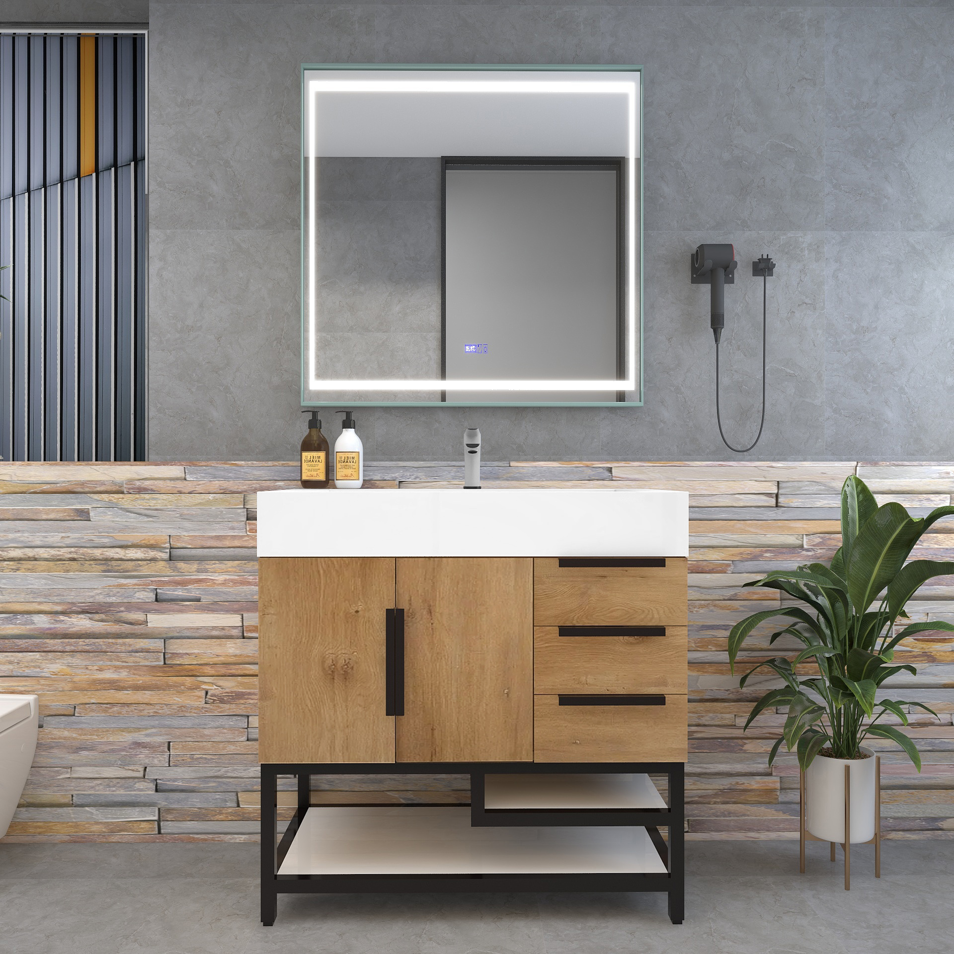 Bethany 36" Freestanding Bathroom Vanity with Reinforced Acrylic Sink in Teak Oak with Black Handles | Better Vanity Bath Vanities