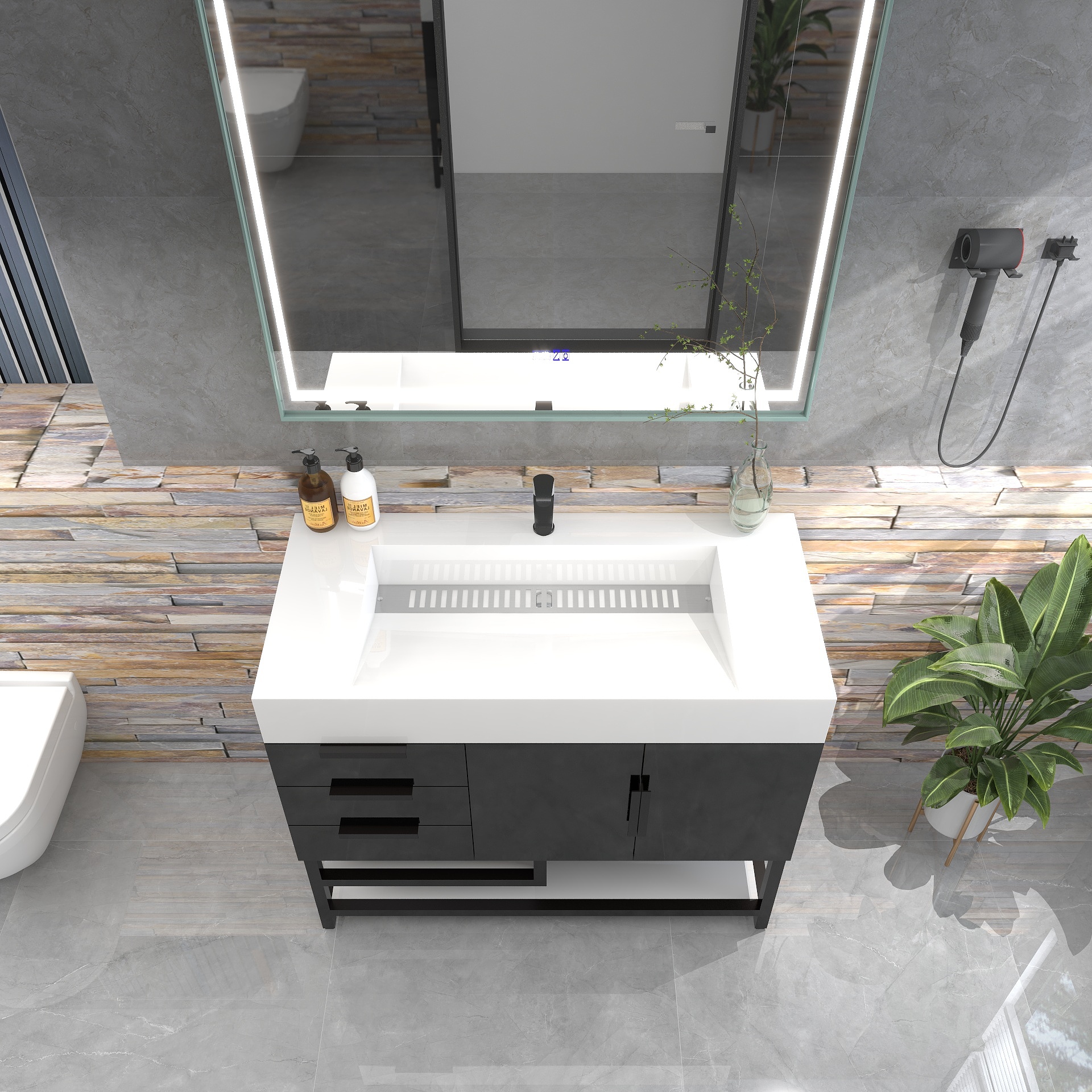 Bethany 42" Freestanding Bathroom Vanity with Reinforced Acrylic Sink in Gloss Black with Black Handles | Better Vanity Bath Vanities