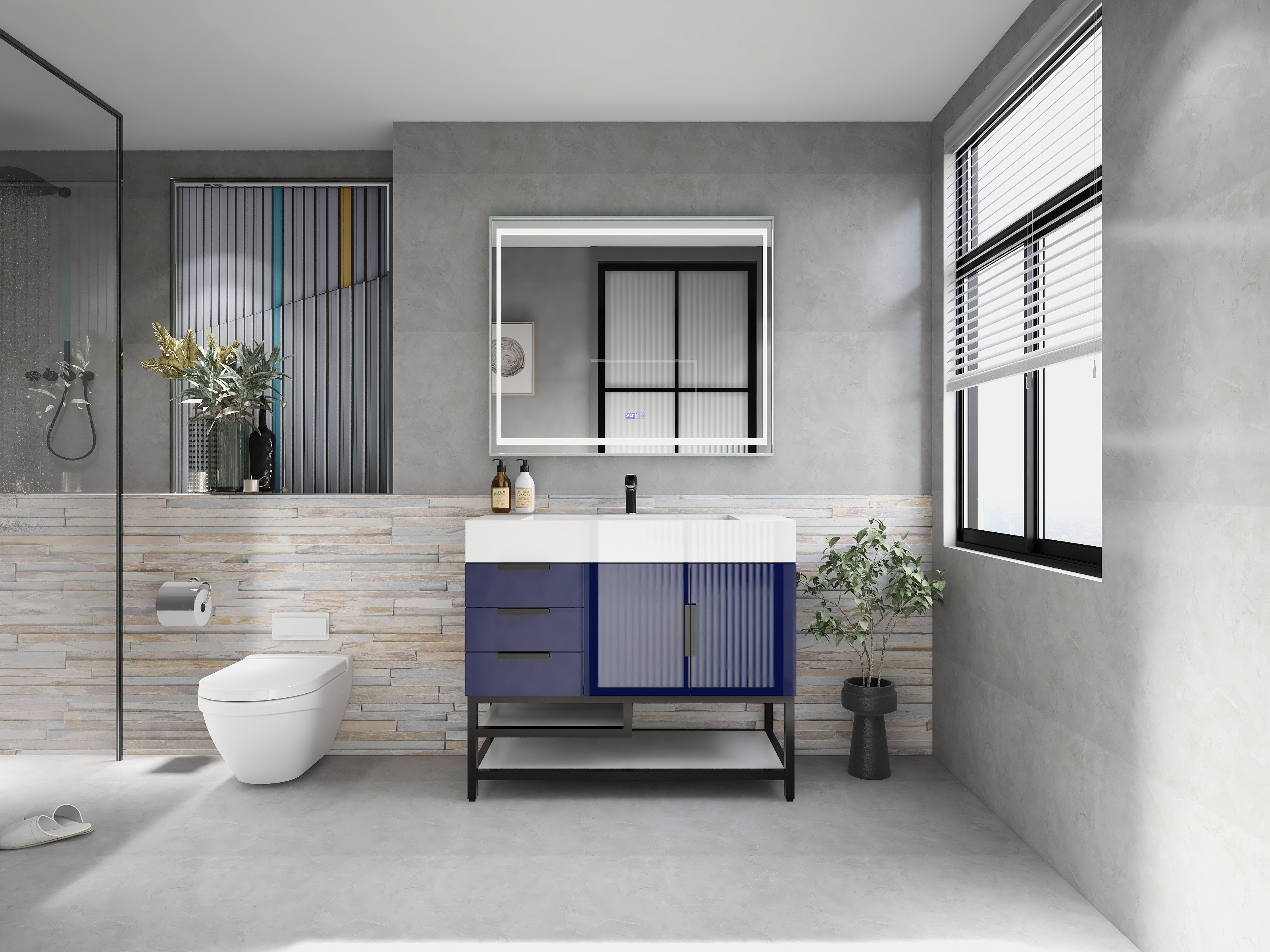 Bethany 42" Freestanding Bathroom Vanity with Reinforced Acrylic Sink in Night Blue Gloss with Black Handles | Better Vanity Bath Vanities