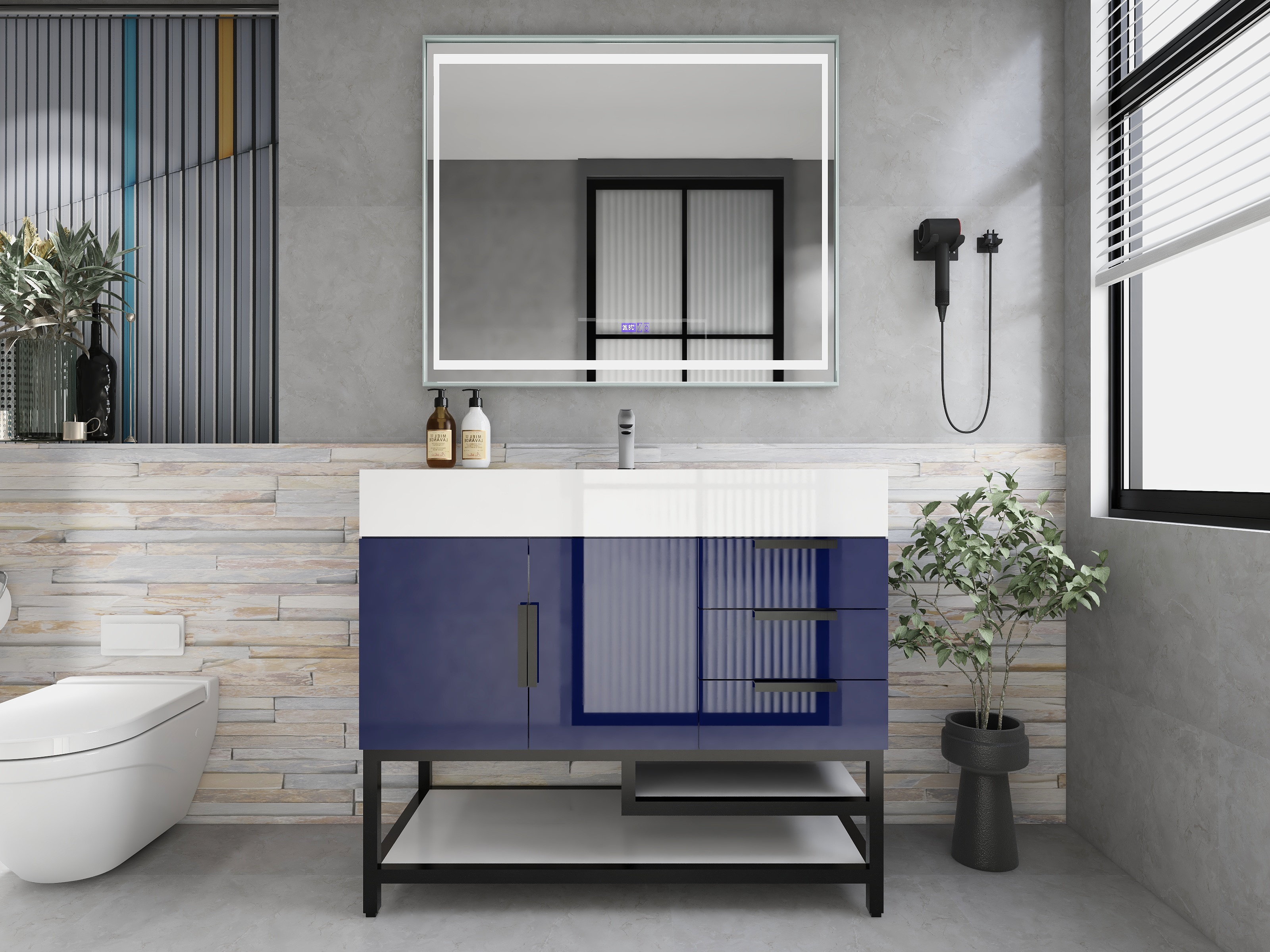 Bethany 42" Freestanding Bathroom Vanity with Reinforced Acrylic Sink in Night Blue Gloss with Black Handles | Better Vanity Bath Vanities