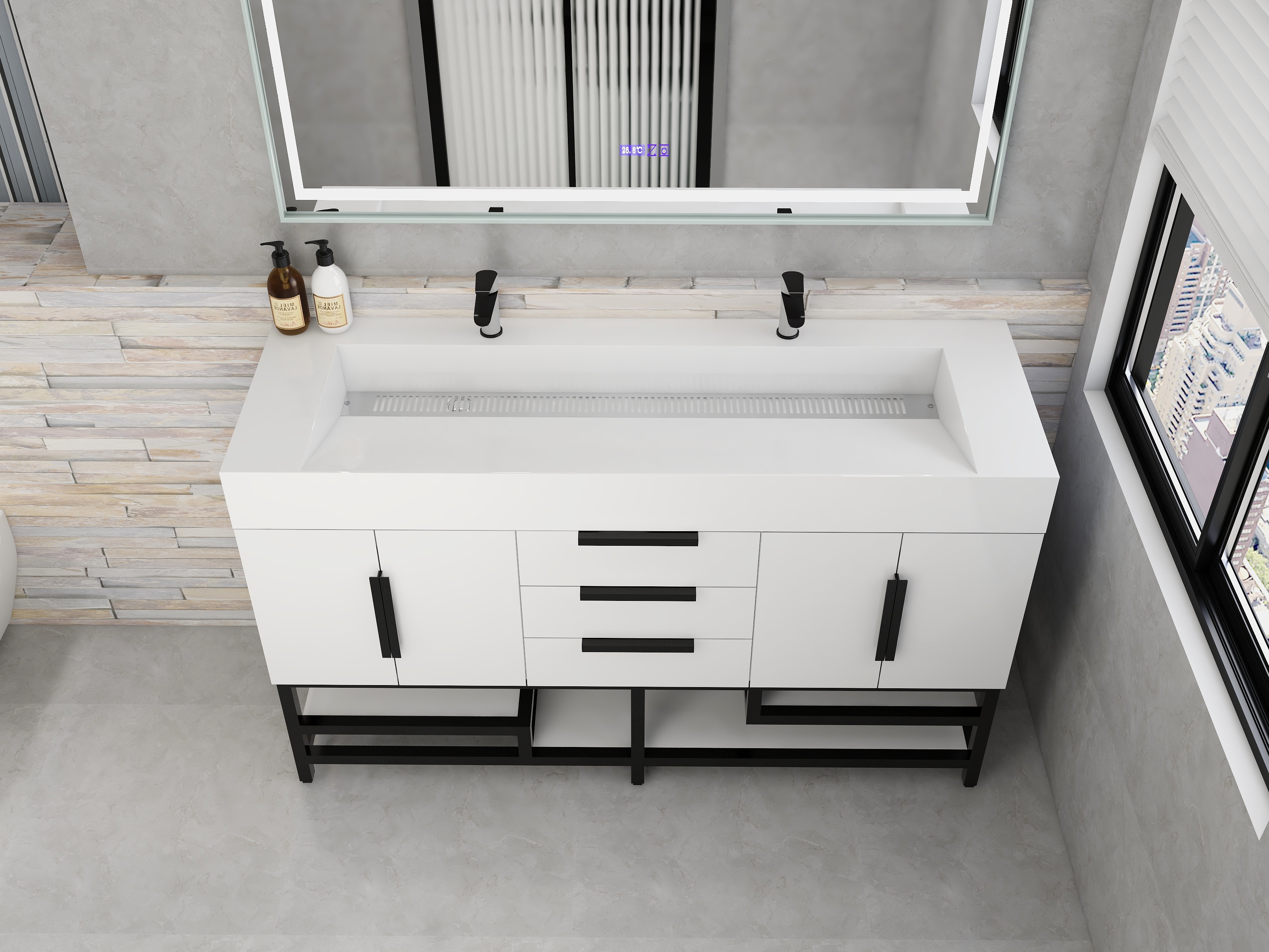 Bethany 60" Freestanding Bathroom Vanity with Reinforced Acrylic Double Sink in Gloss White with Black Handles | Better Vanity Bath Vanities