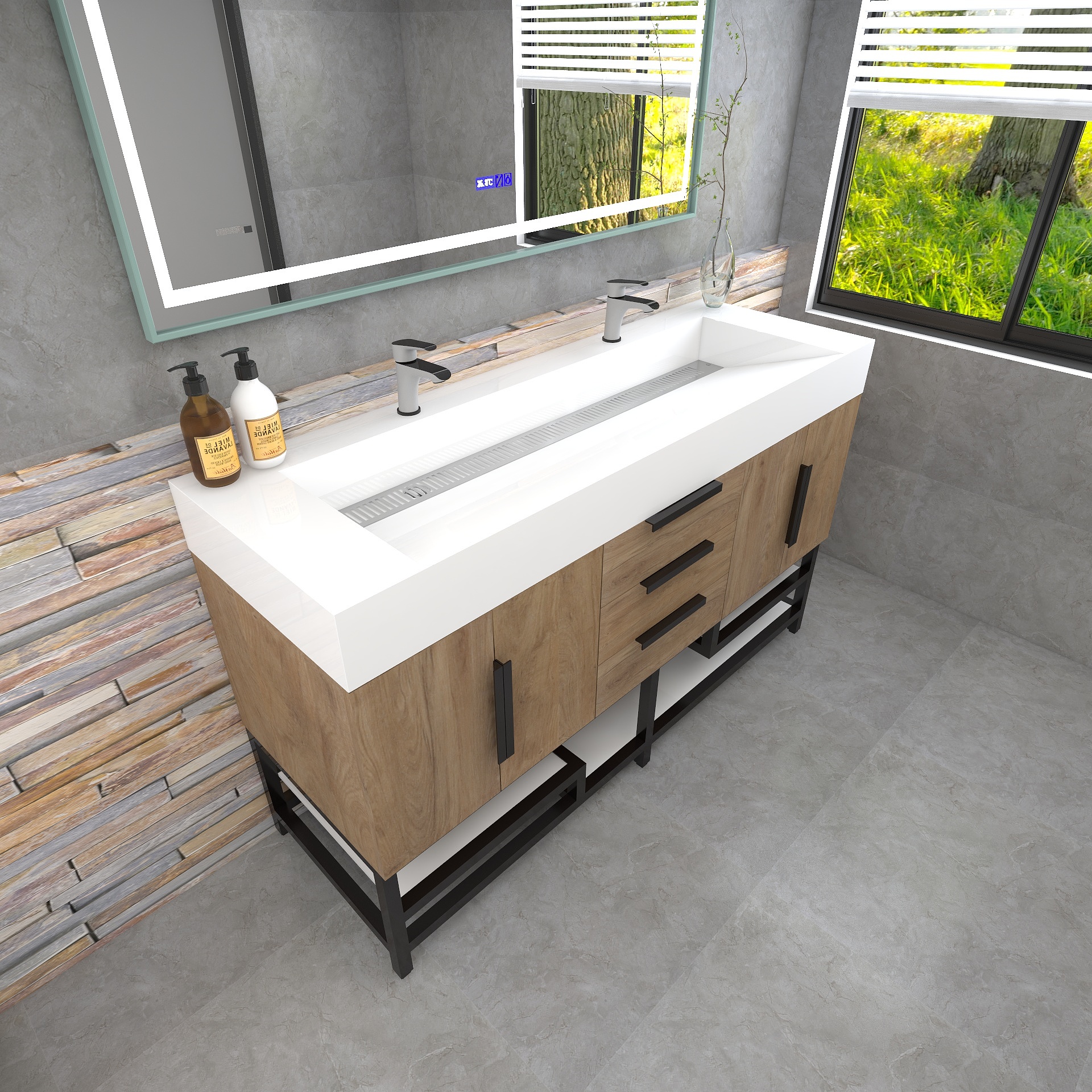 Bethany 60" Freestanding Bathroom Vanity with Reinforced Acrylic Double Sink in White Oak with Black Handles | Better Vanity Bath Vanities