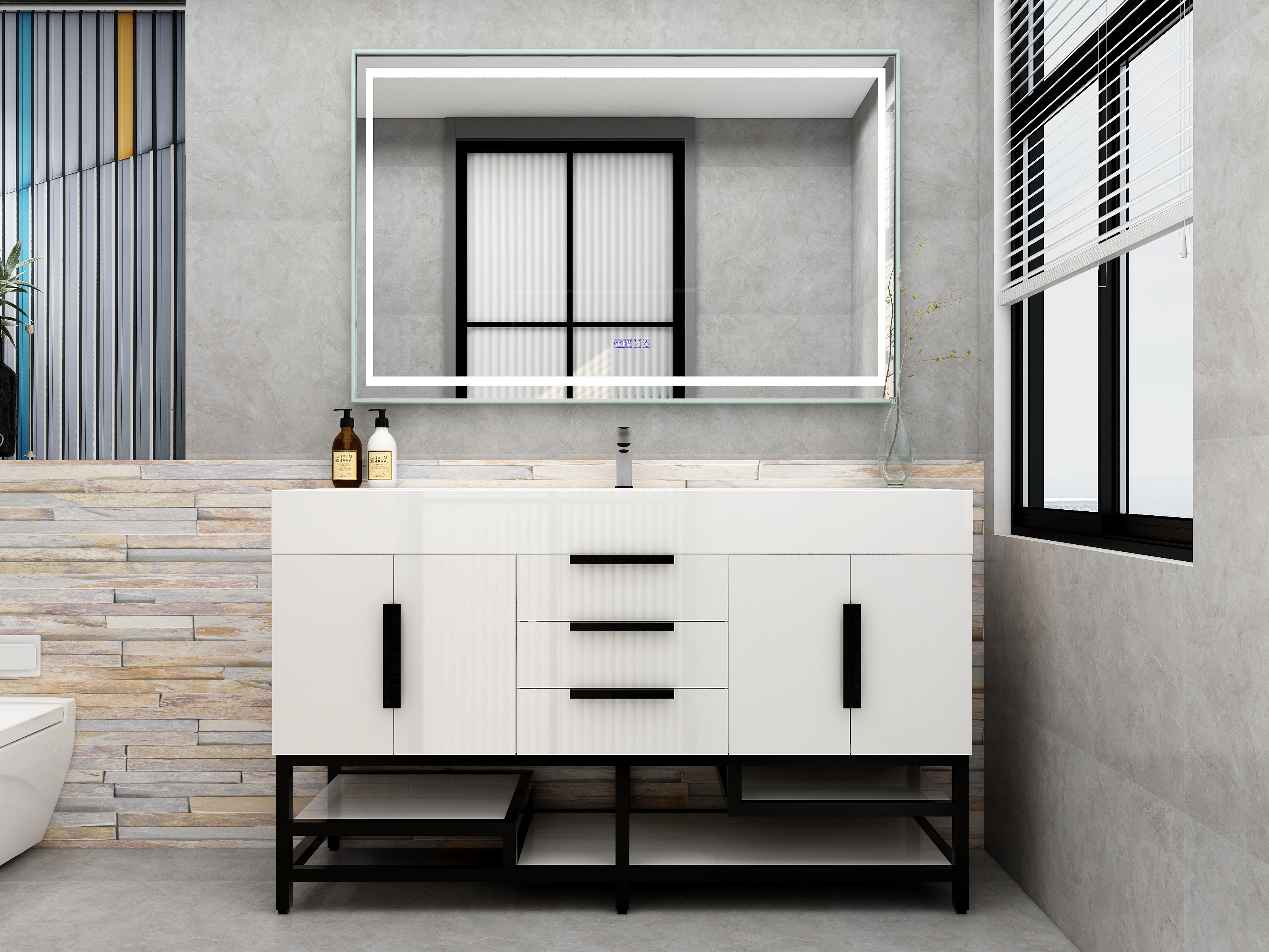 Bethany 60" Freestanding Bathroom Vanity with Reinforced Acrylic Sink in Gloss White with Black Handles | Better Vanity Bath Vanities