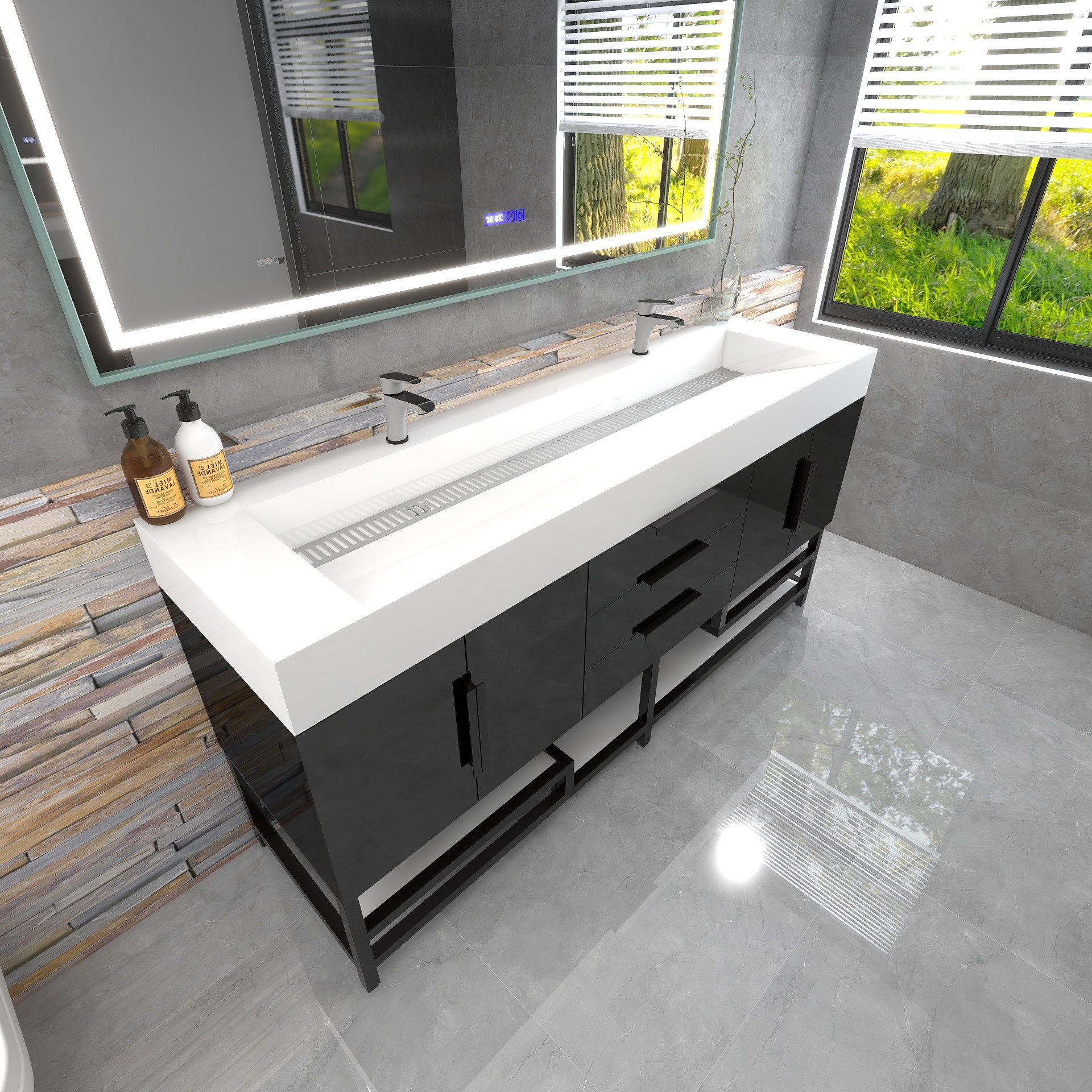 Bethany 72" Freestanding Bathroom Vanity with Reinforced Acrylic Double Sink in Gloss Black with Black Handles | Better Vanity Bath Vanities