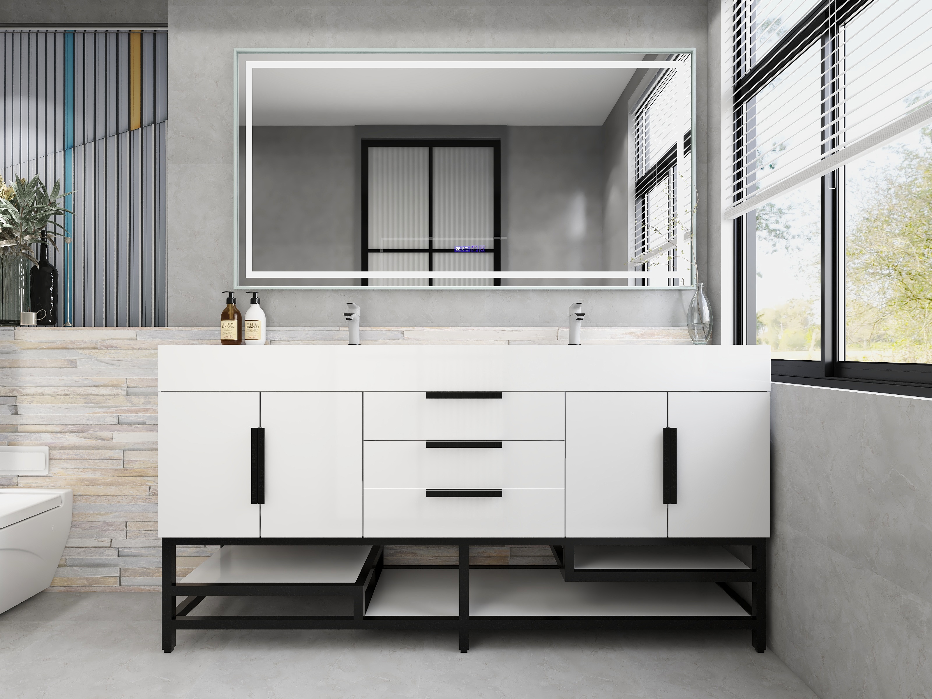 Bethany 72" Freestanding Bathroom Vanity with Reinforced Acrylic Double Sink in Gloss White with Black Handles | Better Vanity Bath Vanities