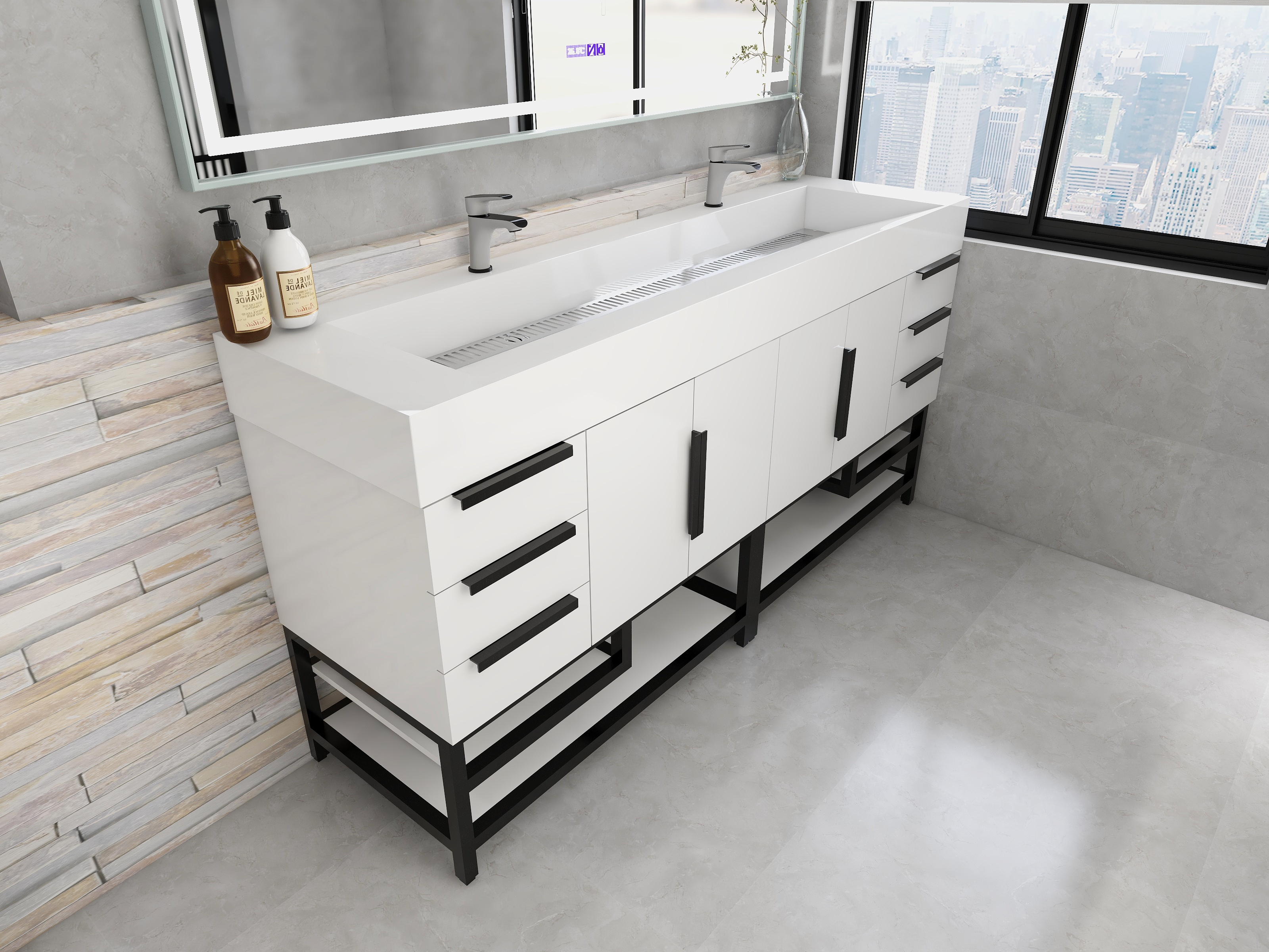 Bethany 72" Freestanding Bathroom Vanity with Reinforced Acrylic Double Sink in Gloss White with Black Handles | Better Vanity Bath Vanities