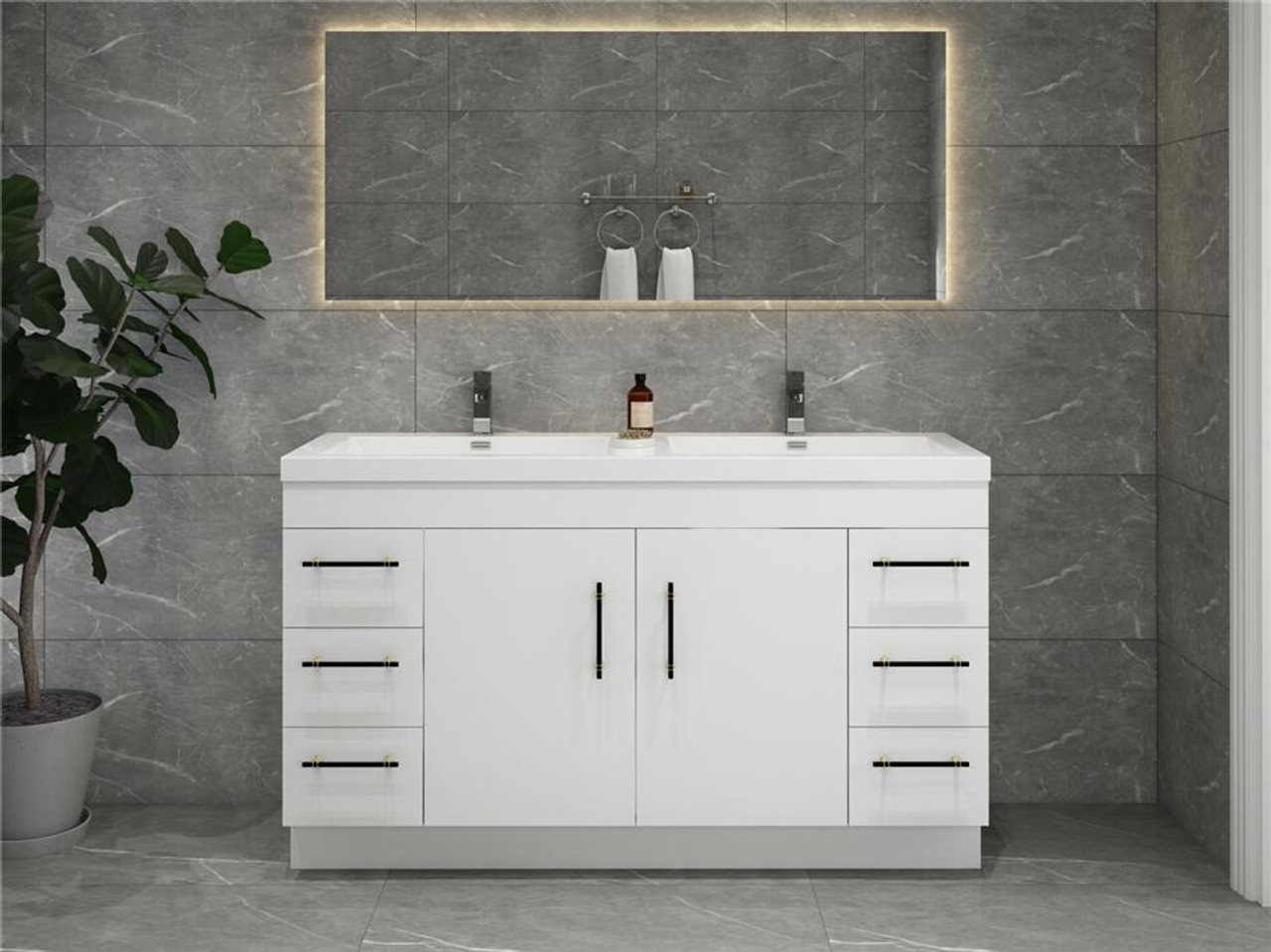 Elsa 60" Freestanding Vanity in Glossy White with Double Sink