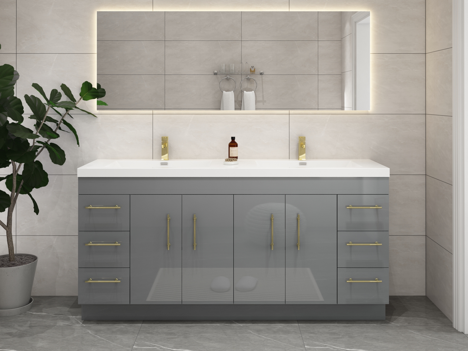 Elsa 72" Freestanding Vanity in Glossy Gray with Double Sink